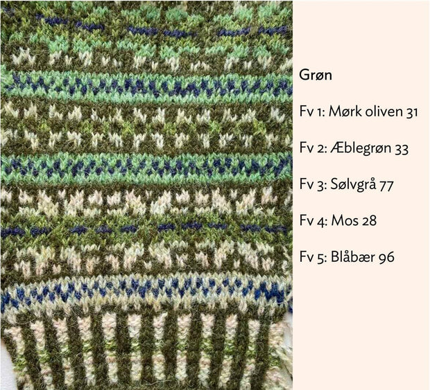 Sine cardigan af Ruth Sørensen, No 20 strikkekit | 31 Mørk oliven, 33 Æblegrøn, 77 Sølvgrå, 28 Mos, 96 Blåbær