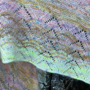 Skagen shawl with hand-dyed color change yarn, knitted in Hedgehog fibers and Isager Silk Mohair yarn, detail of lace pattern
