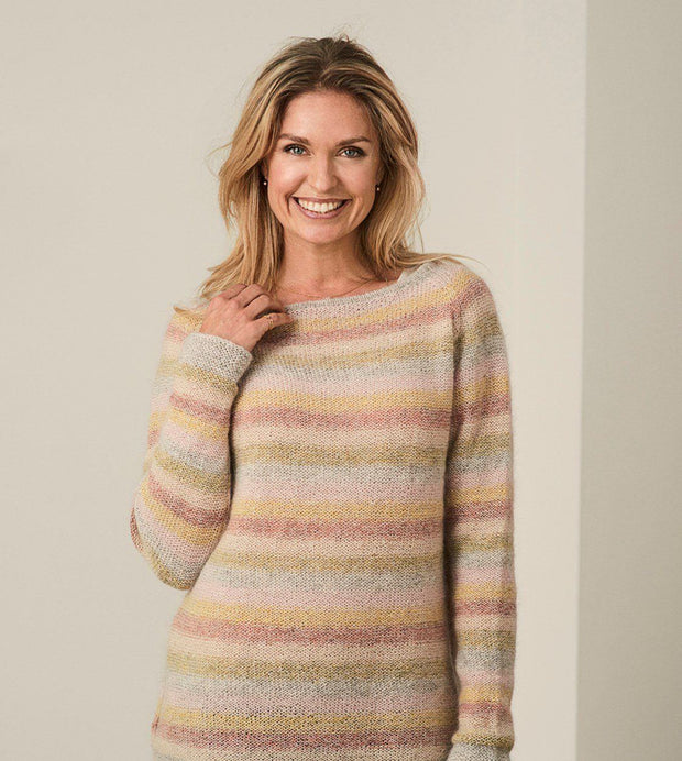 Summer in Denmark - a light, cozy sweater with narrow stripes in soft colors, made in Isager Spinni wool and Silk Mohair