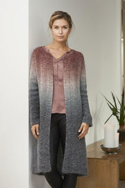 Aud long knitted cardigan with dip dye color change, knitted in Isager Spinni and Silk Mohair