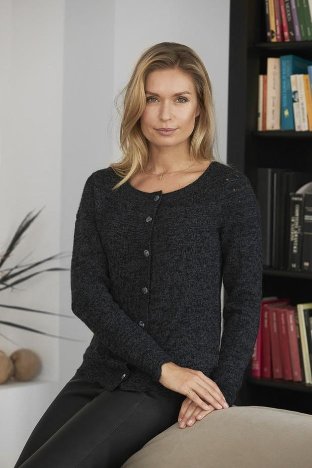 Annabelle knitted cardigan, black with fine details and buttons, knitted in Isager Spinni and Alpaca yarn