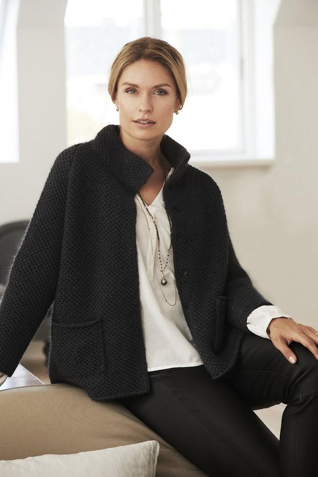 Alma knitted cardigan with pockets, knitted in black Isager Silk Mohair and Jensen yarn