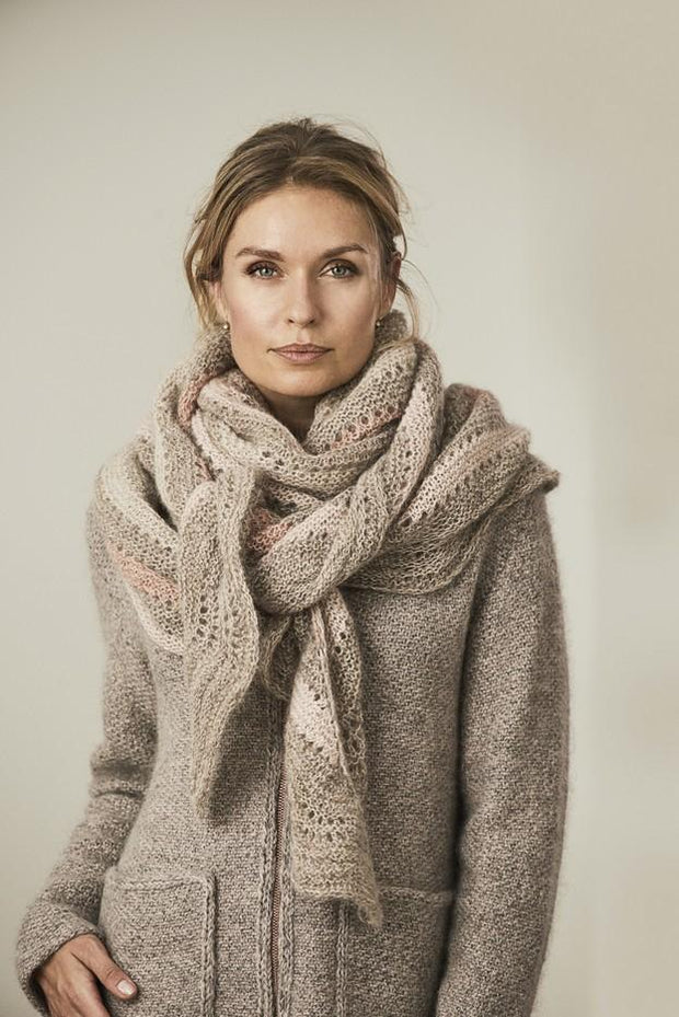 Alberte knitted shawl with stripes in beige and rose colors, made in Isager Spinni wool and Silk mohair, wrapped around the neck