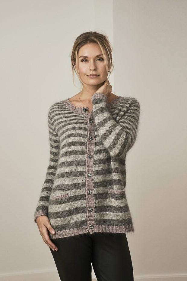 Astrid knitted cardigan with stripes, knitted in grey and rose Isager Silk Mohair and Alpaca yarn