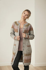 Alva icelandic inspired knitted cardigan, knitted in grey, rose and curry Isager Jensen and Highland Wool yarn