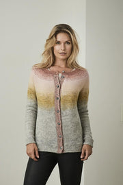 Anna knitted cardigan with buttons and dip dye color effect over rose, curry and grey, made in Isager Spinni wool, the front