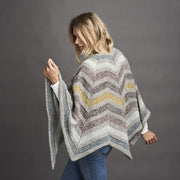 Dia star shaped knitted shawl, grey with stripes in dusty blue, yellow and purple colors, made in Isager Alpaca and Spinni, the back